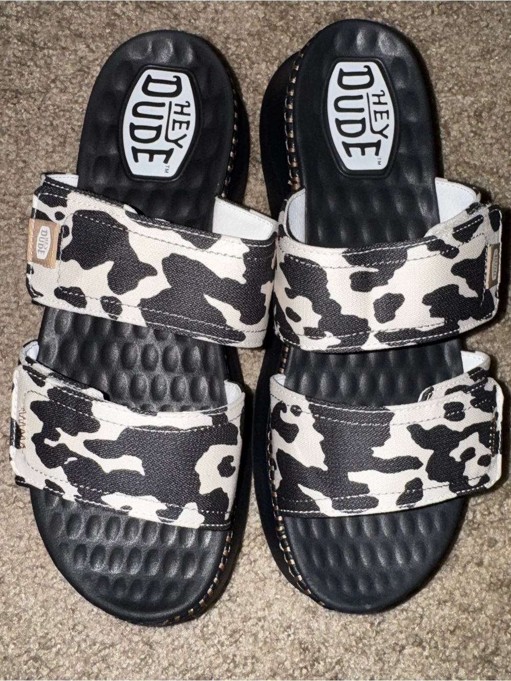 Hey Dude Black & White Cow Print Platform Sandals
